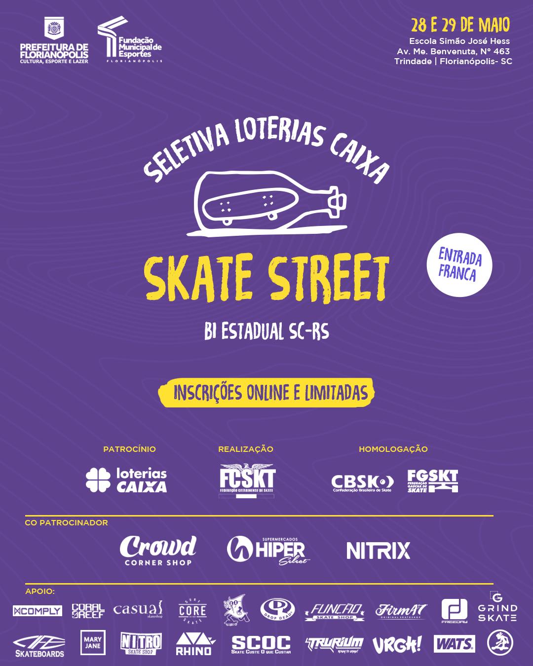 Seletiva Loterias CAIXA de Skate Street SC e RS acontecerá em Florianópolis em 28 e 29 de maio